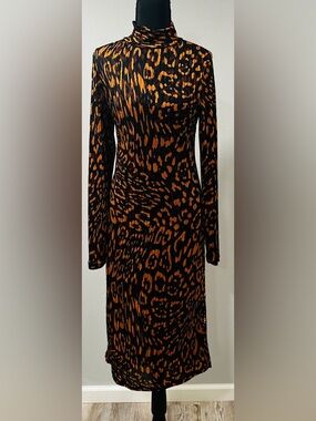 DKNY Long-Sleeve Leopard-Print Turtleneck Midi Dress - Black & Brown